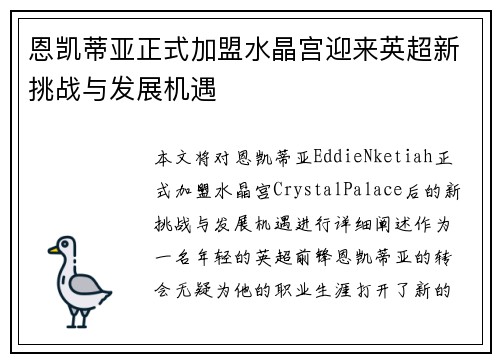 恩凯蒂亚正式加盟水晶宫迎来英超新挑战与发展机遇 恩凯蒂亚正式加盟水晶宫迎来英超新挑战与发展机遇